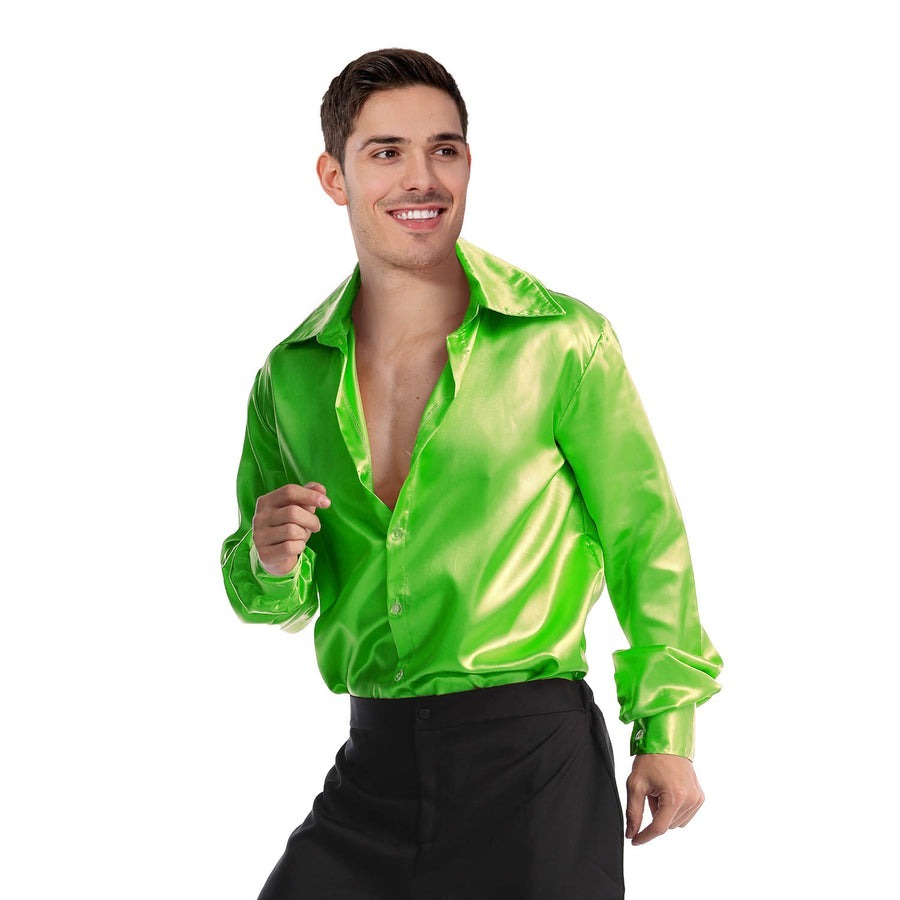 Mens Green 70s Deluxe Disco Shirt Costume - Groovy Dancer Long Sleeve (Halloween & Fancy Dress)