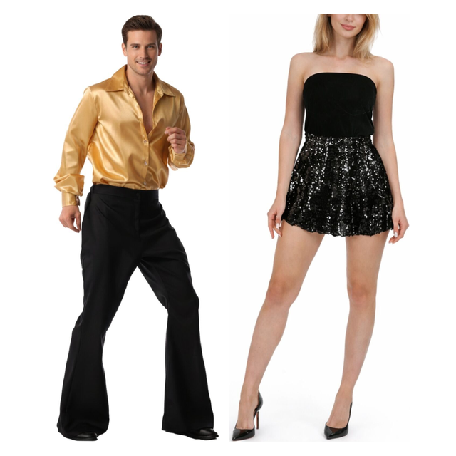 His & Hers Black 70s Disco Couples Costume Set - Retro Dance Halloween