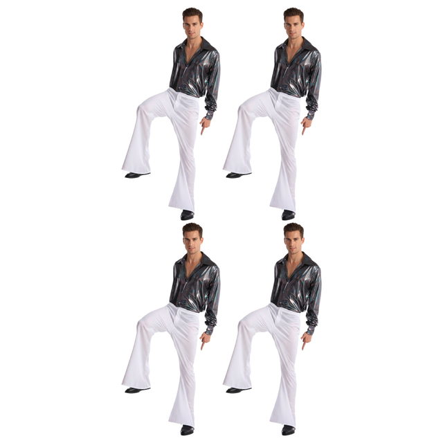 4x Mens 70s Retro Disco Flare Pants/Trousers Bulk Pack - White (Dance Costume for Halloween & Fancy Dress Party)