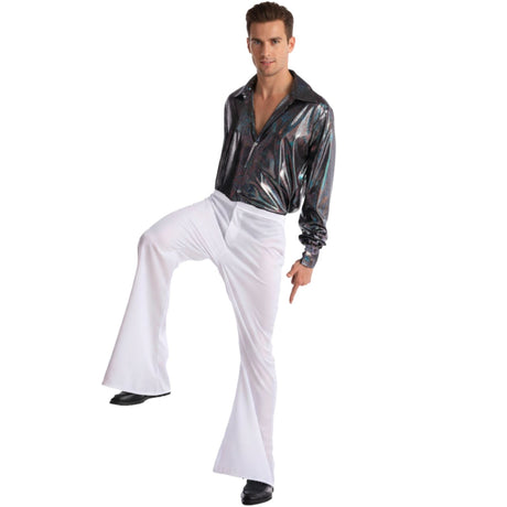 Mens 70s Deluxe Retro Disco Flare Trousers Pants Costume Dancer Dance - White - S/M (Heights 165-175cm)