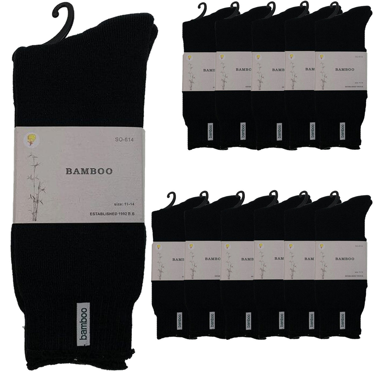 12 Pairs Premium Bamboo Thick Socks Bulk Pack - Black (Mens Heavy Duty Work Socks w/ Cushion)