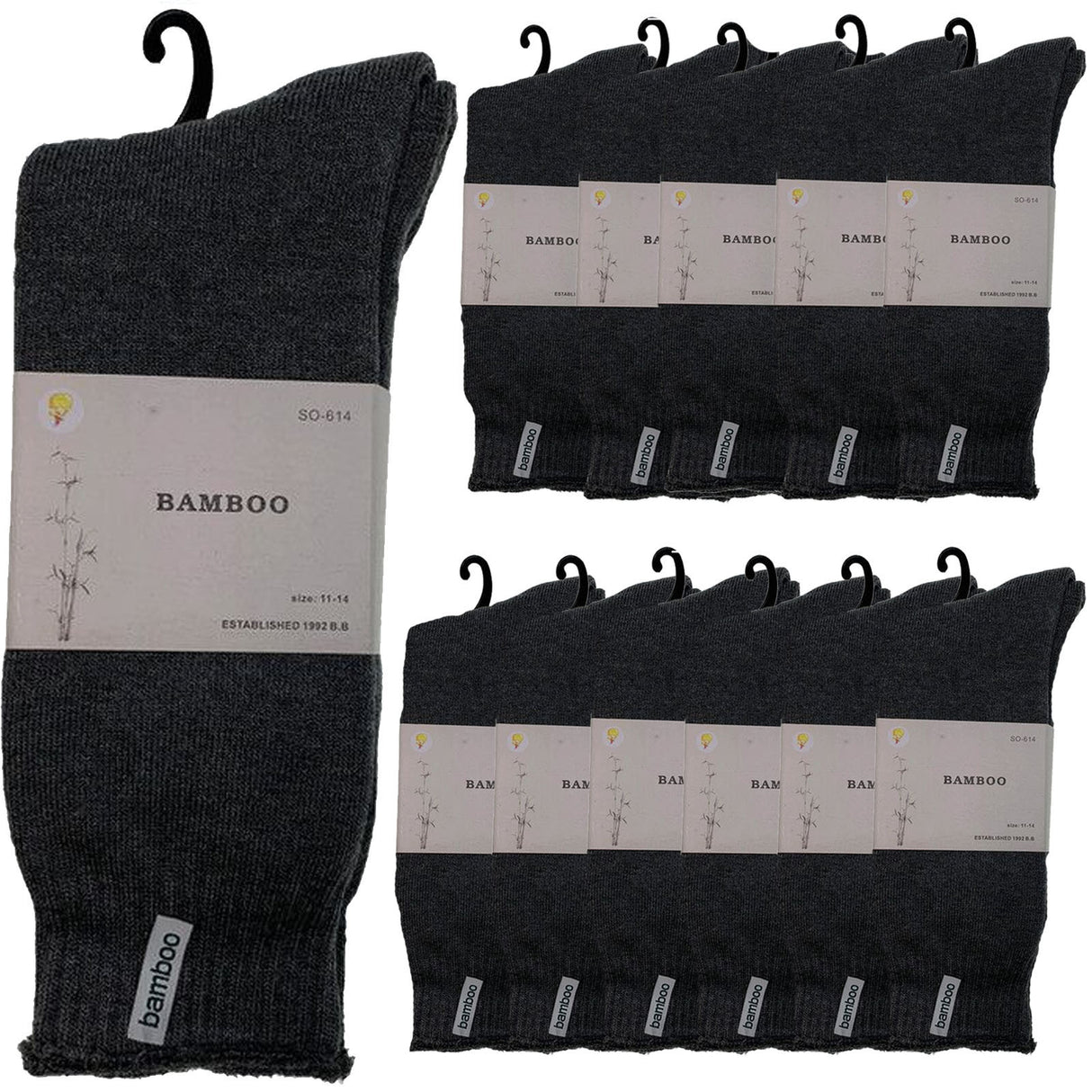12 Pairs Premium Bamboo Thick Socks Bulk Pack - Charcoal Grey (Mens Heavy Duty Work Socks w/ Cushion)