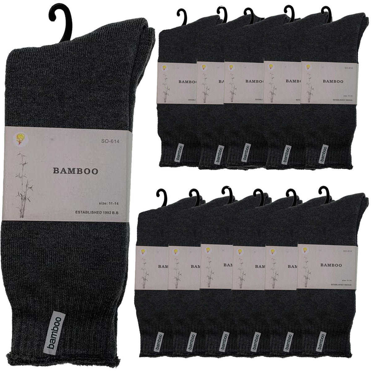 12 Pairs Premium Bamboo Thick Socks Bulk Pack - Charcoal Grey (Mens Heavy Duty Work Socks w/ Cushion)
