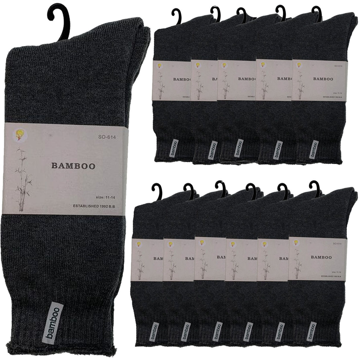 12 Pairs Premium Bamboo Thick Socks Bulk Pack - Charcoal Grey (Mens Heavy Duty Work Socks w/ Cushion)