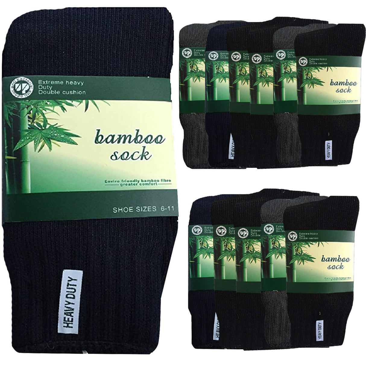 12 Pairs Bamboo Work Socks Bulk Pack - Assorted Colours (Mens Heavy Duty Thick Socks w/ Cushion)