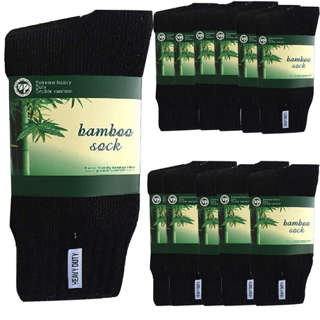 12 Pairs Bamboo Work Socks Bulk Pack - Black (Mens Heavy Duty Thick Socks w/ Cushion)