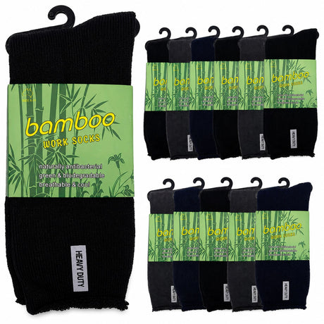12 Pairs Premium Bamboo Works Socks Bulk Pack - Assorted (Mens Heavy Duty Thick Socks w/ Cushion & Anti-Odour)