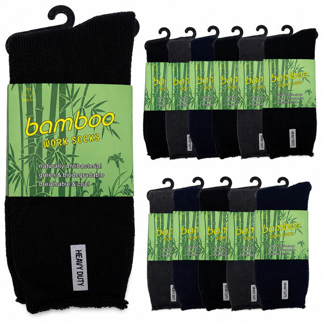12 Pairs Premium Bamboo Works Socks Bulk Pack - Assorted (Mens Heavy Duty Thick Socks w/ Cushion & Anti-Odour)