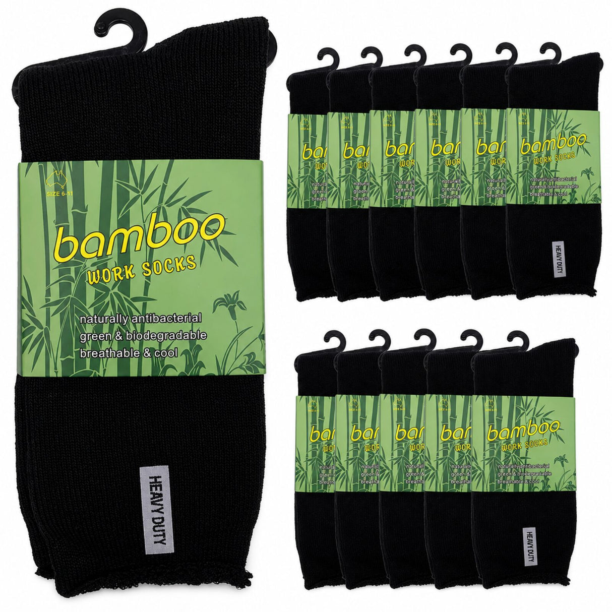 12 Pairs Premium Bamboo Works Socks Bulk Pack - Black (Mens Heavy Duty Thick Socks w/ Cushion & Anti-Odour)