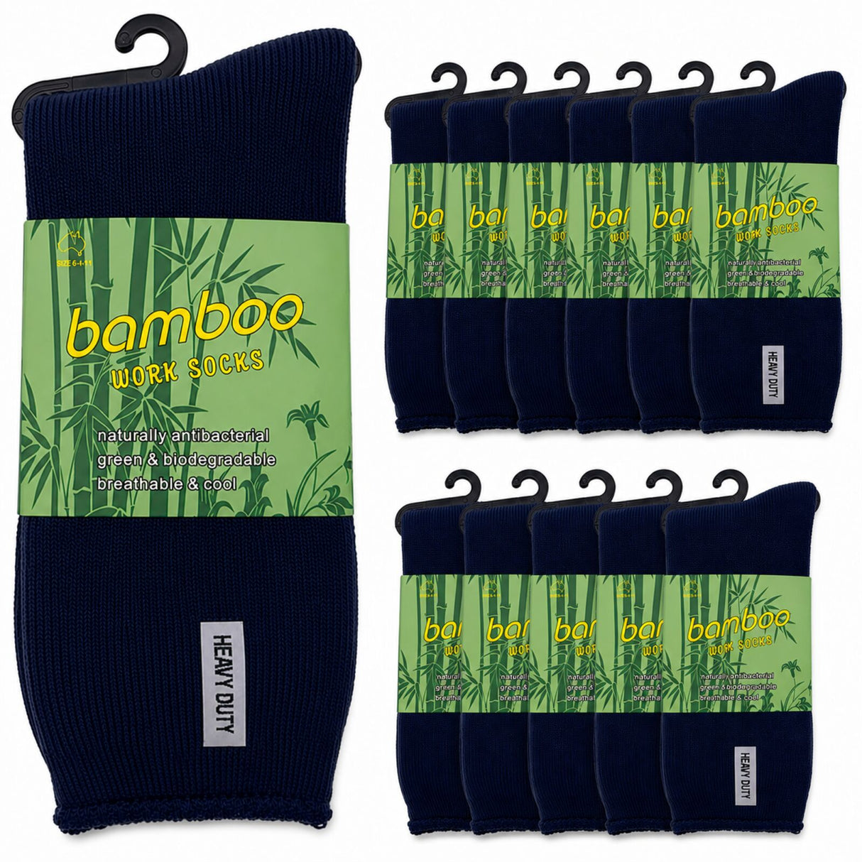 12 Pairs Premium Bamboo Works Socks Bulk Pack - Navy Blue (Mens Heavy Duty Thick Socks w/ Cushion & Anti-Odour)