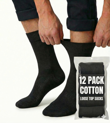 12x Pairs Black Cotton Rich Loose Top Socks Bulk Pack (Comfort Diabetic Circulation)