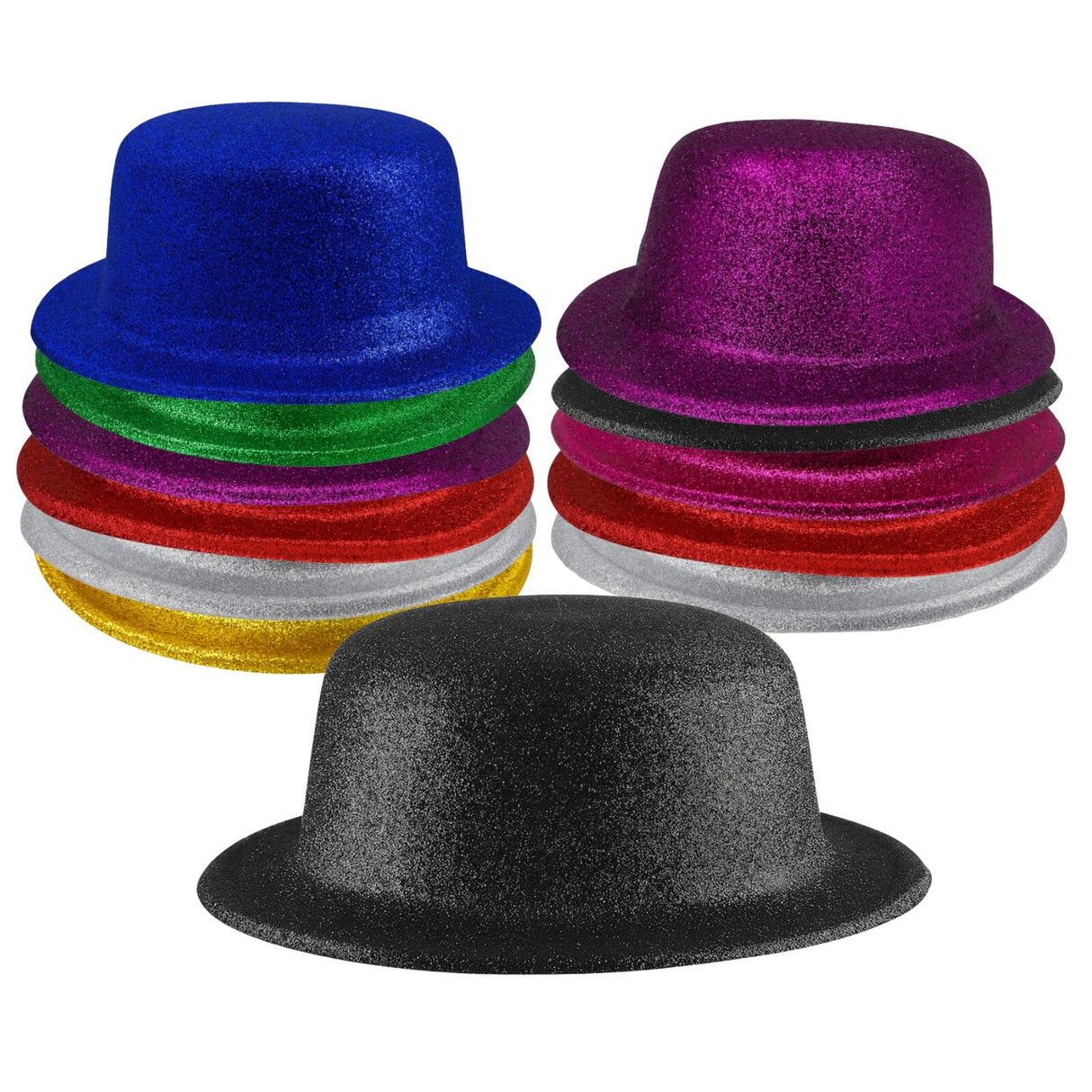 12x Assorted Colours Glitter Bowler Hat Bulk Pack - Sparkly Costume Hats for Dance/Fancy Dress Party