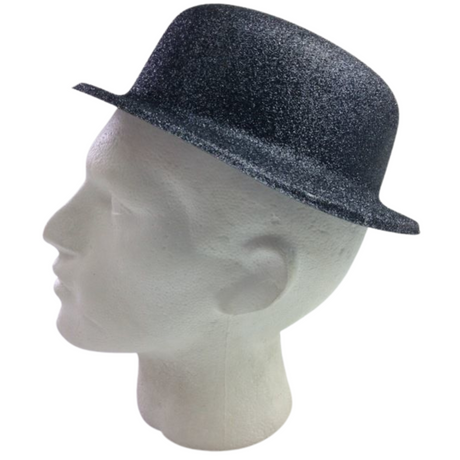 12x GLITTER BOWLER HAT Fancy Party Plastic Costume Cap Fun Dress Up Sparkle BULK - Black