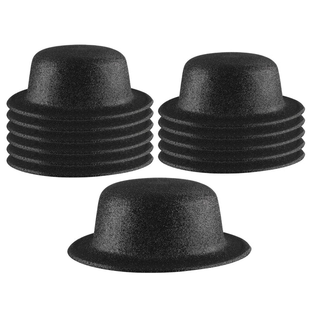 12x Black Glitter Bowler Hat Bulk - Sparkly Costume Hats for Dance/Fancy Dress Party