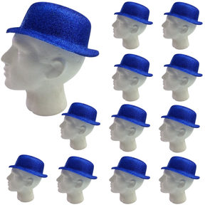 12x Blue Glitter Bowler Hat Bulk - Sparkly Costume Hats for Dance/Fancy Dress Party