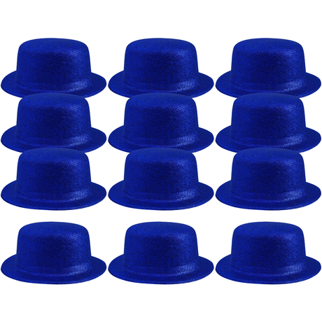 12x Blue Glitter Bowler Hat Bulk Pack - Sparkly Costume Hats for Dance/Fancy Dress Party