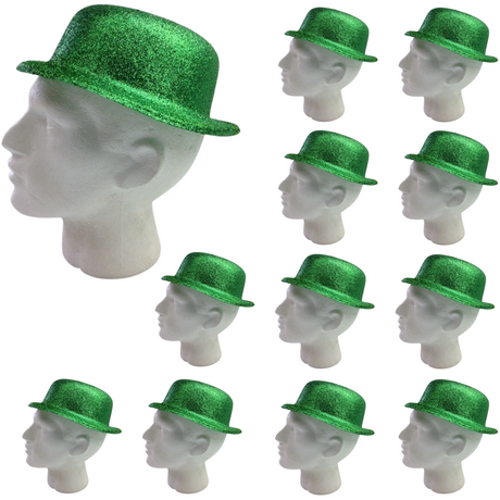 12x GLITTER BOWLER HAT Fancy Party Plastic Costume Cap Fun Dress Up Sparkle BULK - Lime Green