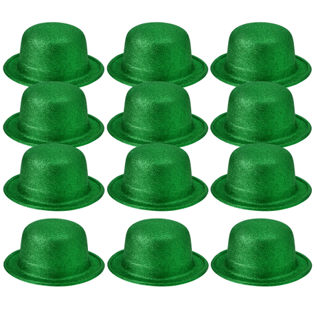 12x Green Glitter Bowler Hat Bulk Pack - Sparkly Costume Hats for Dance/Fancy Dress Party