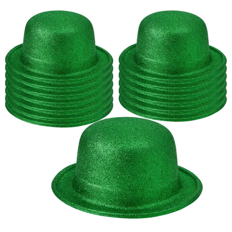 12x Green Glitter Bowler Hat Bulk Pack - Sparkly Costume Hats for Dance/Fancy Dress Party