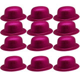 12x Hot Pink Glitter Bowler Hat Bulk Pack - Sparkly Costume Hats for Dance/Fancy Dress Party