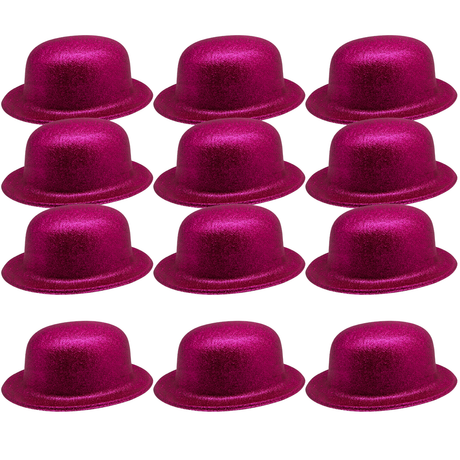 12x Hot Pink Glitter Bowler Hat Bulk Pack - Sparkly Costume Hats for Dance/Fancy Dress Party
