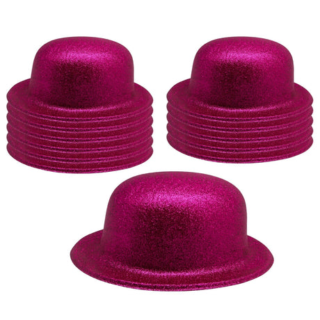 12x Hot Pink Glitter Bowler Hat Bulk Pack - Sparkly Costume Hats for Dance/Fancy Dress Party