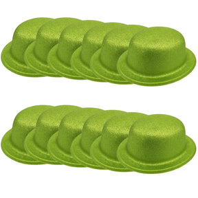 12x Lime Green Glitter Bowler Hat Bulk - Sparkly Costume Hats for Dance/Fancy Dress Party