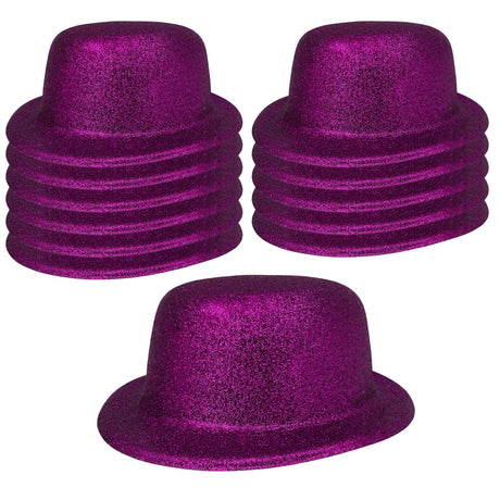 12x Purple Glitter Bowler Hat Bulk Pack - Sparkly Costume Hats for Dance/Fancy Dress Party
