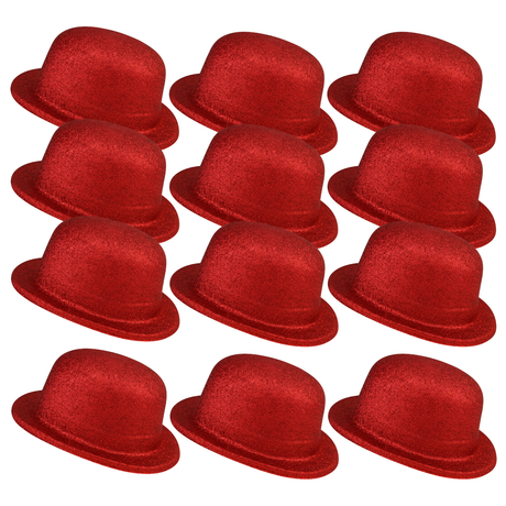12x Red Glitter Bowler Hat Bulk Pack - Sparkly Costume Hats for Dance/Fancy Dress Party