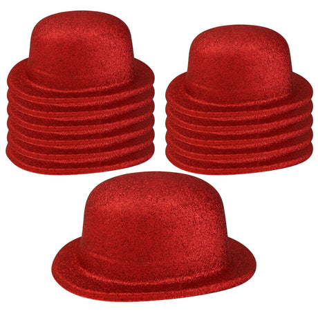 12x Red Glitter Bowler Hat Bulk Pack - Sparkly Costume Hats for Dance/Fancy Dress Party