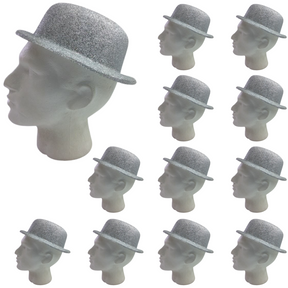 12x White/Silver Glitter Bowler Hat Bulk - Sparkly Costume Hats for Dance/Fancy Dress Party