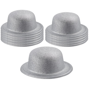 12x White/Silver Glitter Bowler Hat Bulk Pack - Sparkly Costume Hats for Dance/Fancy Dress Party