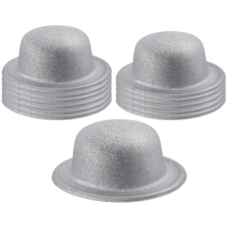 12x White/Silver Glitter Bowler Hat Bulk Pack - Sparkly Costume Hats for Dance/Fancy Dress Party