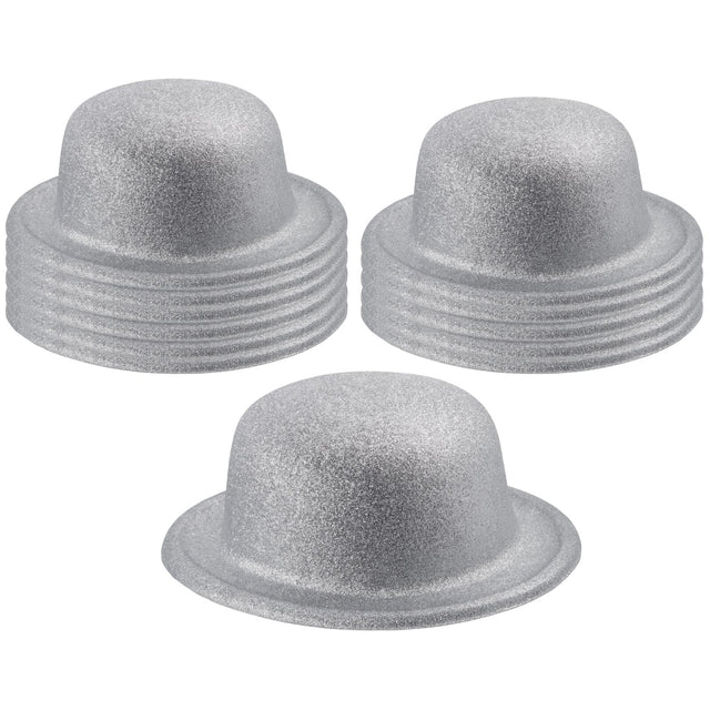 12x White/Silver Glitter Bowler Hat Bulk Pack - Sparkly Costume Hats for Dance/Fancy Dress Party