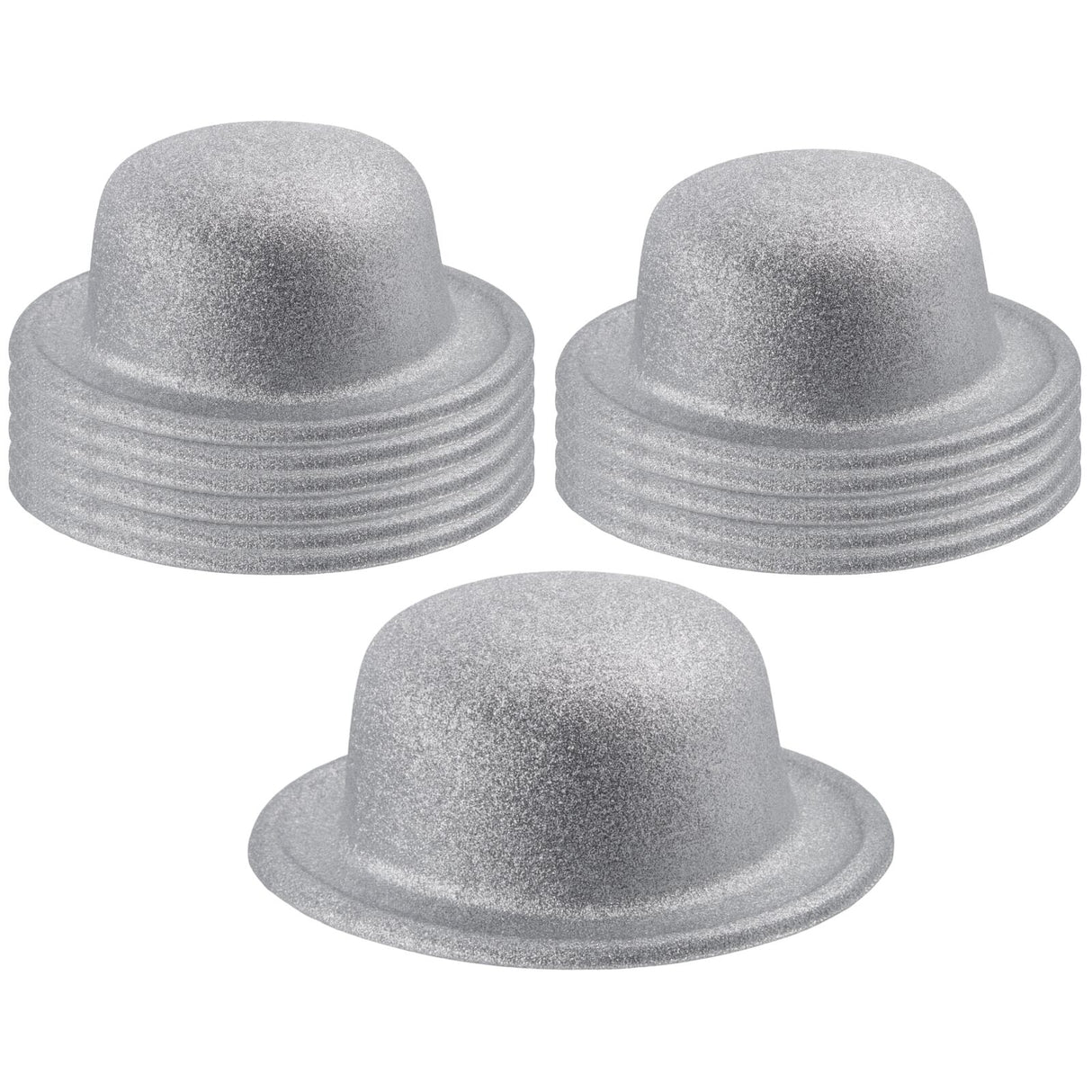 12x White/Silver Glitter Bowler Hat Bulk Pack - Sparkly Costume Hats for Dance/Fancy Dress Party