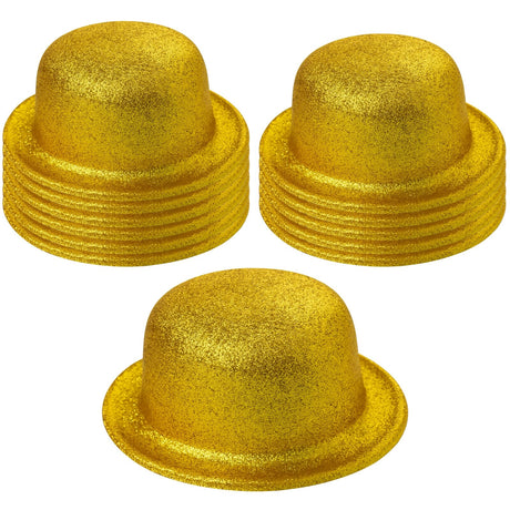 12x Yellow/Gold Glitter Bowler Hat Bulk Pack - Sparkly Costume Hats for Dance/Fancy Dress Party