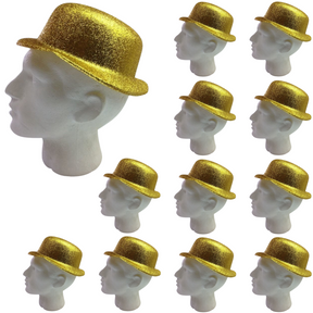 12x Yellow/Gold Glitter Bowler Hat Bulk - Sparkly Costume Hats for Dance/Fancy Dress Party