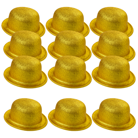 12x Yellow/Gold Glitter Bowler Hat Bulk Pack - Sparkly Costume Hats for Dance/Fancy Dress Party