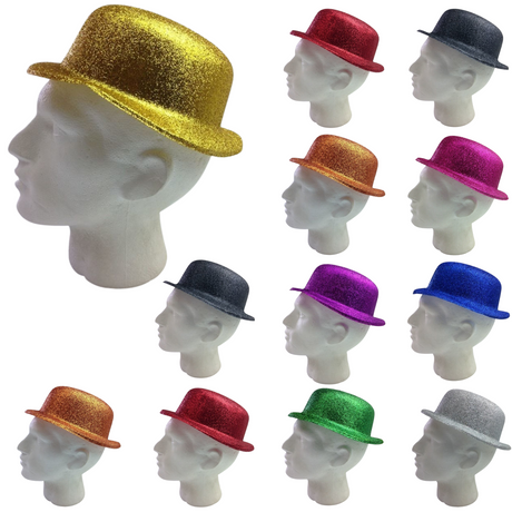 12x GLITTER BOWLER HAT Fancy Party Plastic Costume Cap Fun Dress Up Sparkle BULK - Black
