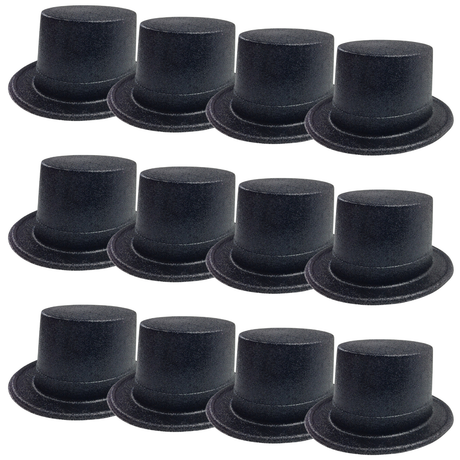 12x Black Glitter Top Hats Bulk Pack - Sparkly Dance Costume/Fancy Dress Party