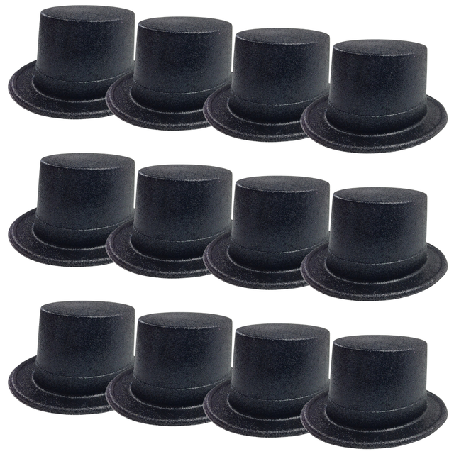 12x Black Glitter Top Hats Bulk Pack - Sparkly Dance Costume/Fancy Dress Party