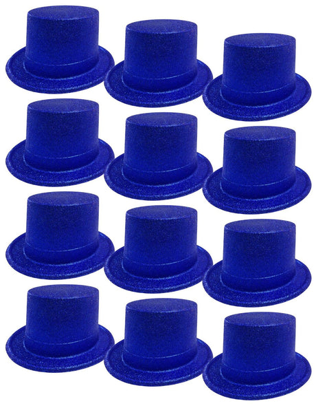 12x Blue Glitter Top Hats Bulk Pack - Sparkly Dance Costume/Fancy Dress Party