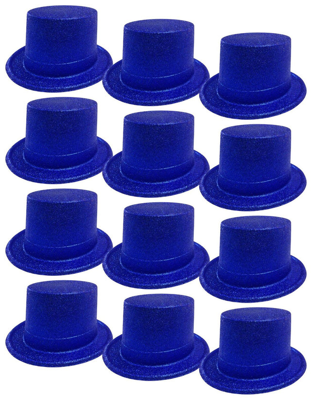 12x Blue Glitter Top Hats Bulk Pack - Sparkly Dance Costume/Fancy Dress Party