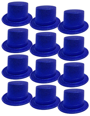 12x Blue Glitter Top Hats Bulk - Sparkly Dance Costume/Fancy Dress Party