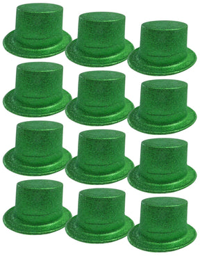 12x Green Glitter Top Hats Bulk Pack - Sparkly Dance Costume/Fancy Dress Party