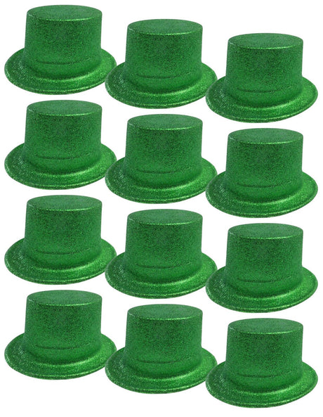 12x Green Glitter Top Hats Bulk Pack - Sparkly Dance Costume/Fancy Dress Party