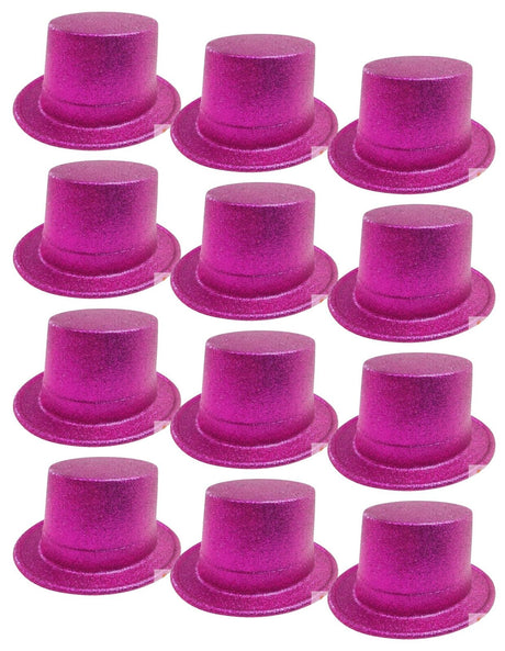 12x Hot Pink Glitter Top Hats Bulk Pack - Sparkly Dance Costume/Fancy Dress Party