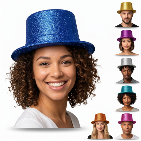 12x Assorted Colours Glitter Top Hats Bulk Pack - Sparkly Dance Costume/Fancy Dress Party