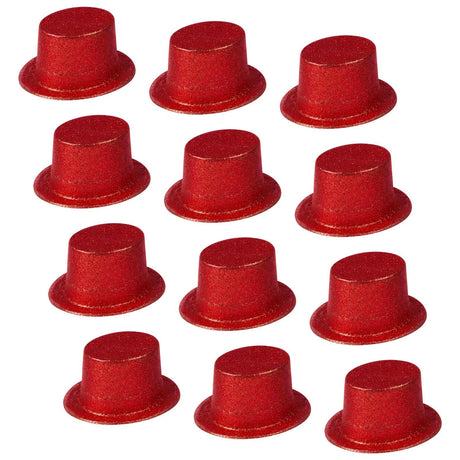 12x Red Glitter Top Hats Bulk Pack - Sparkly Dance Costume/Fancy Dress Party