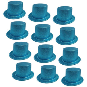 12x Sky Blue Glitter Top Hats Bulk - Sparkly Dance Costume/Fancy Dress Party